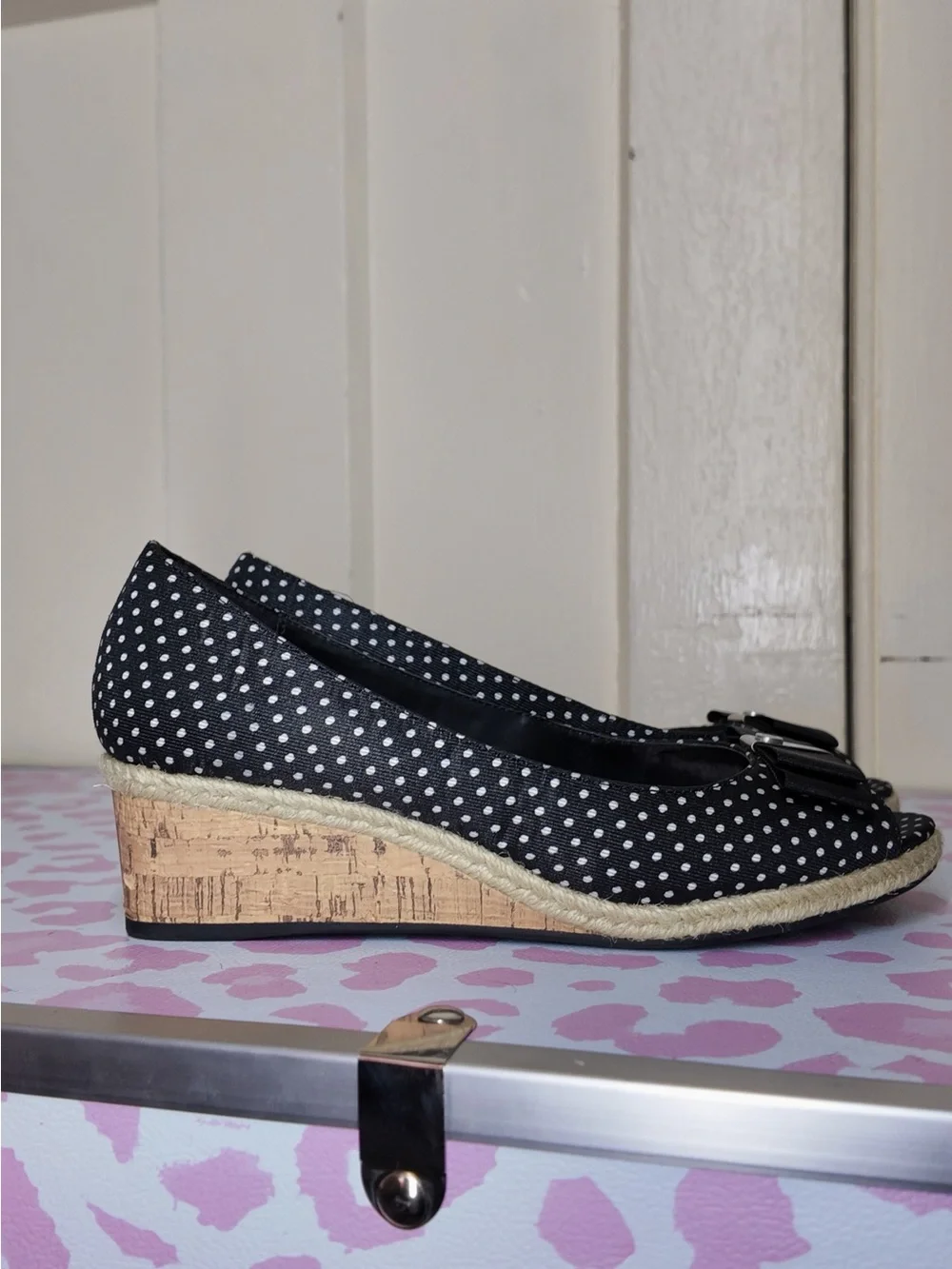 Polka Dot Peep-Toe Wedge Espadrilles with Bow size US 6.5 by Etienne Aigner